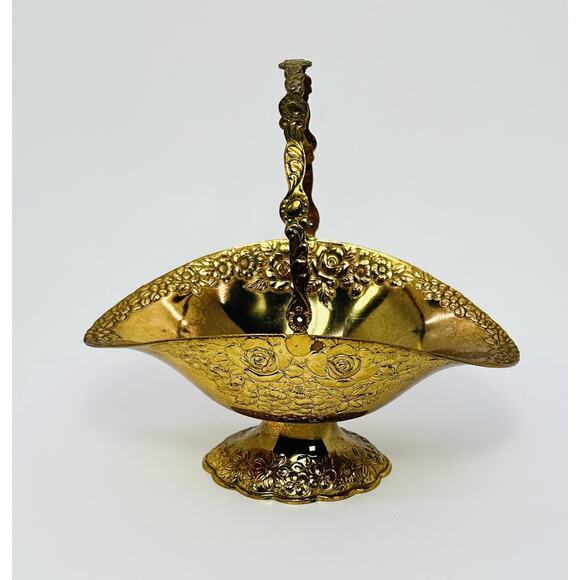 Holiday Imports Gold Plated Metal Basket with Handle Pedestal Floral Decor - Picture 1 of 10